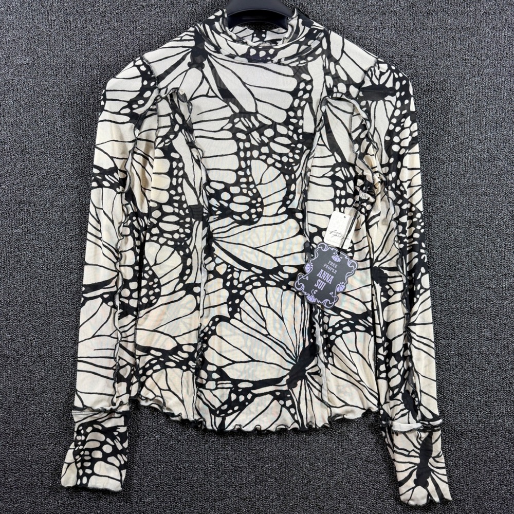 Free People Anna Sui Butterfly Mesh Top Ivory Comb Long Sleeve Mock Neck L NWT‎